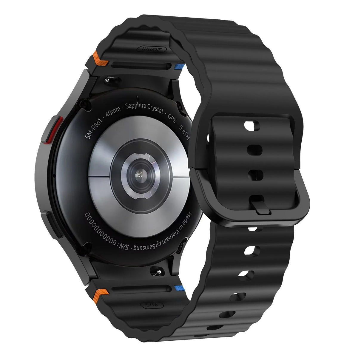 Wave Silicone Strap, black, on a watch, 3/4 rear view