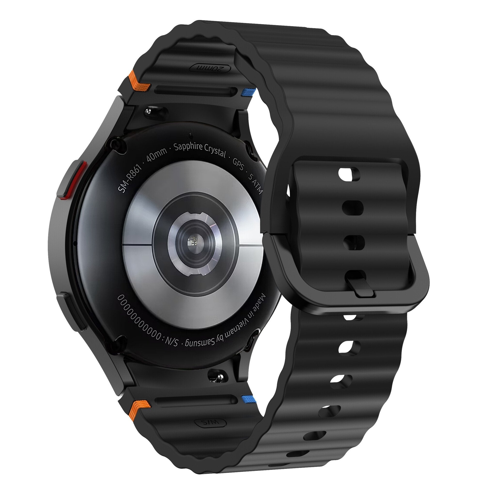 Wave Silicone Strap, black, on a watch, 3/4 rear view