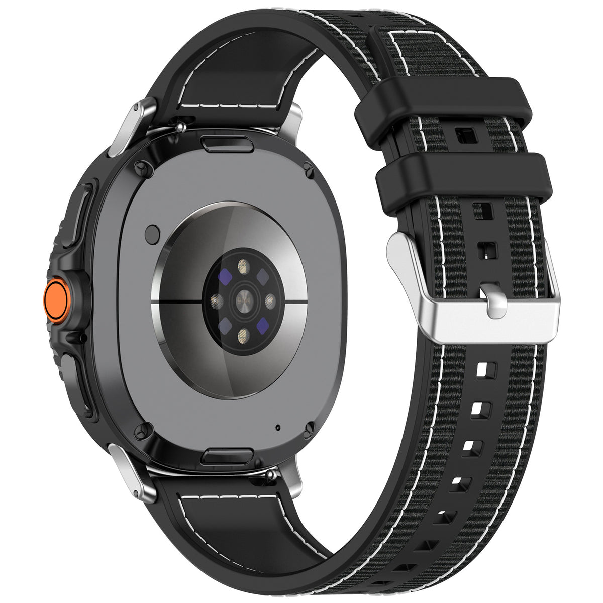 Nylon Hybrid Strap, black, on a watch, 3/4 rear view