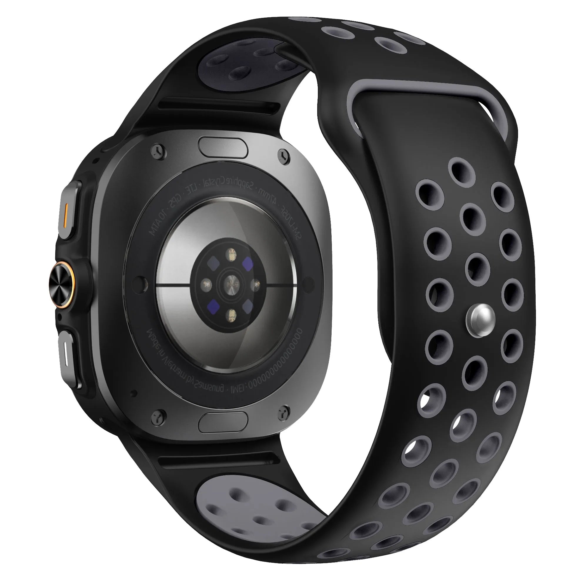 Silicone Sport Strap, black/grey, on a watch, 3/4 rear view
