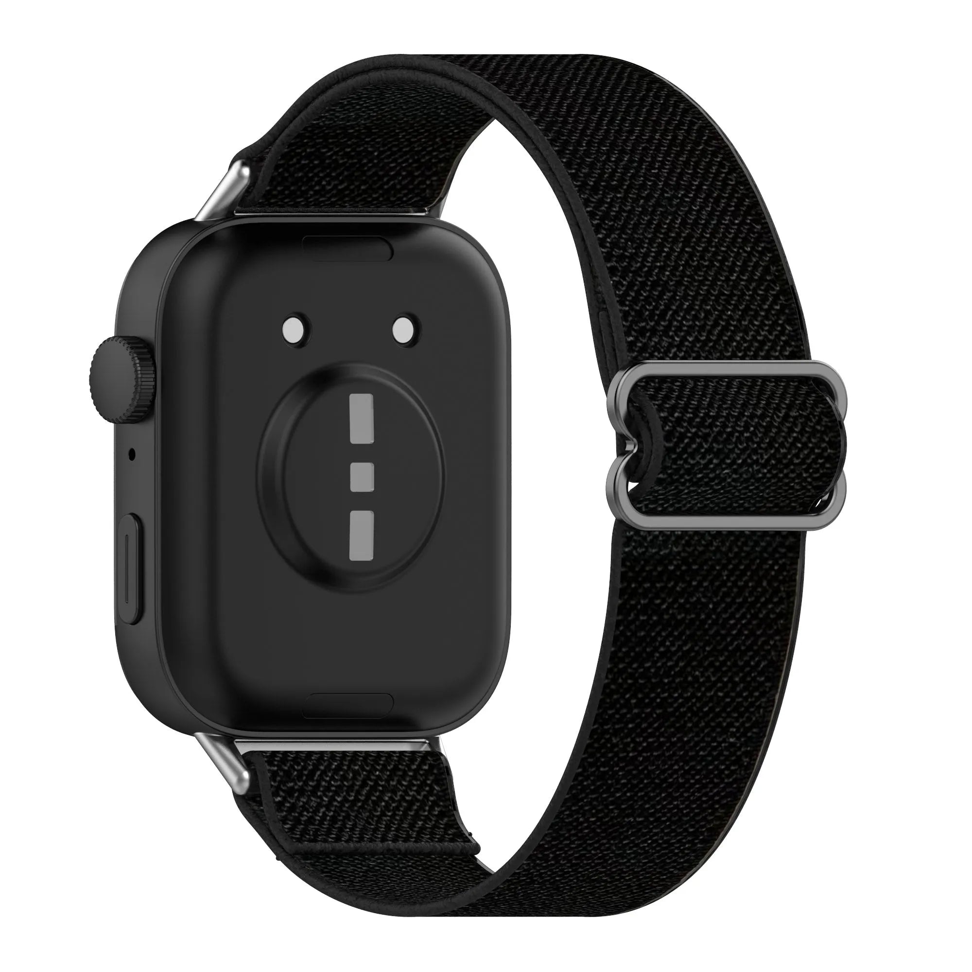 Nylon Elastic Strap, black, on a watch, 3/4 rear view