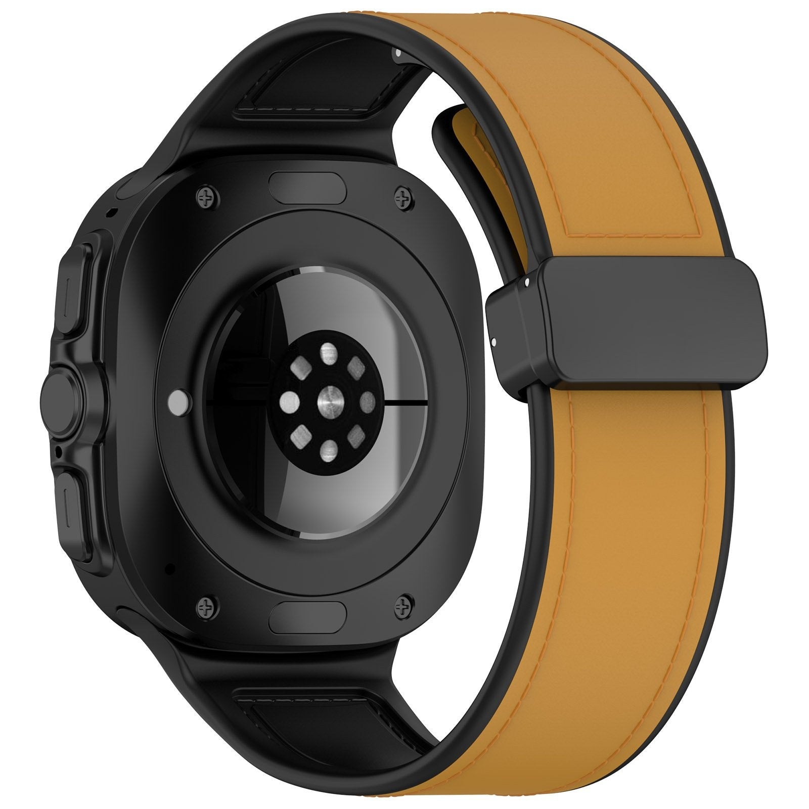 Leather Hybrid Strap, light brown, on a watch, 3/4 rear view