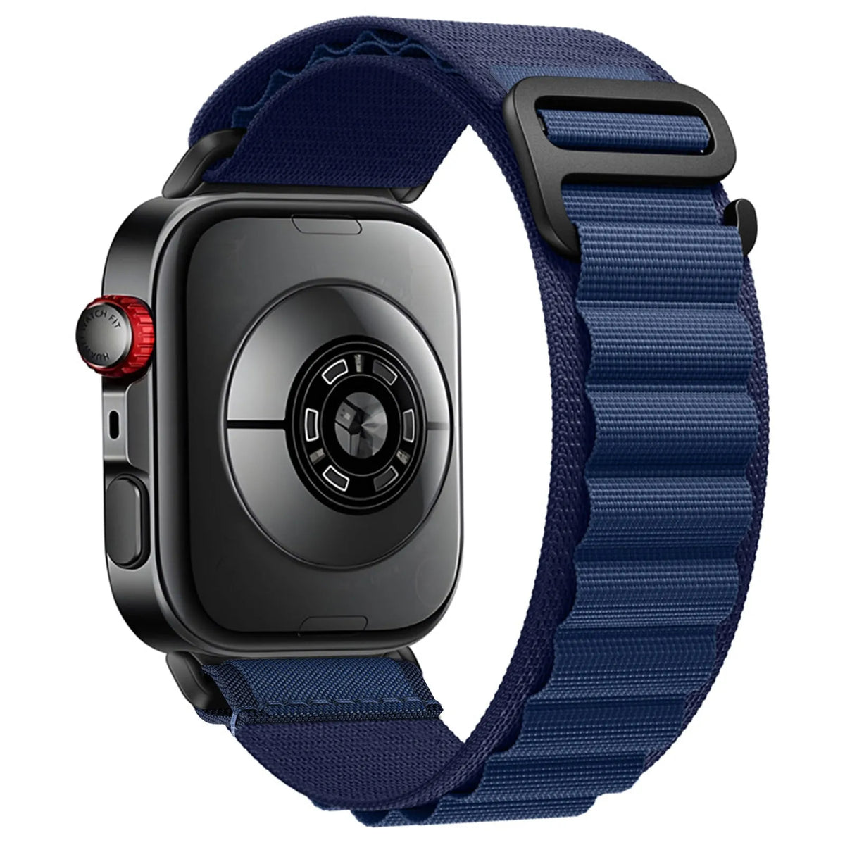 Alpine Nylon Strap, dark blue, on a watch, 3/4 rear view