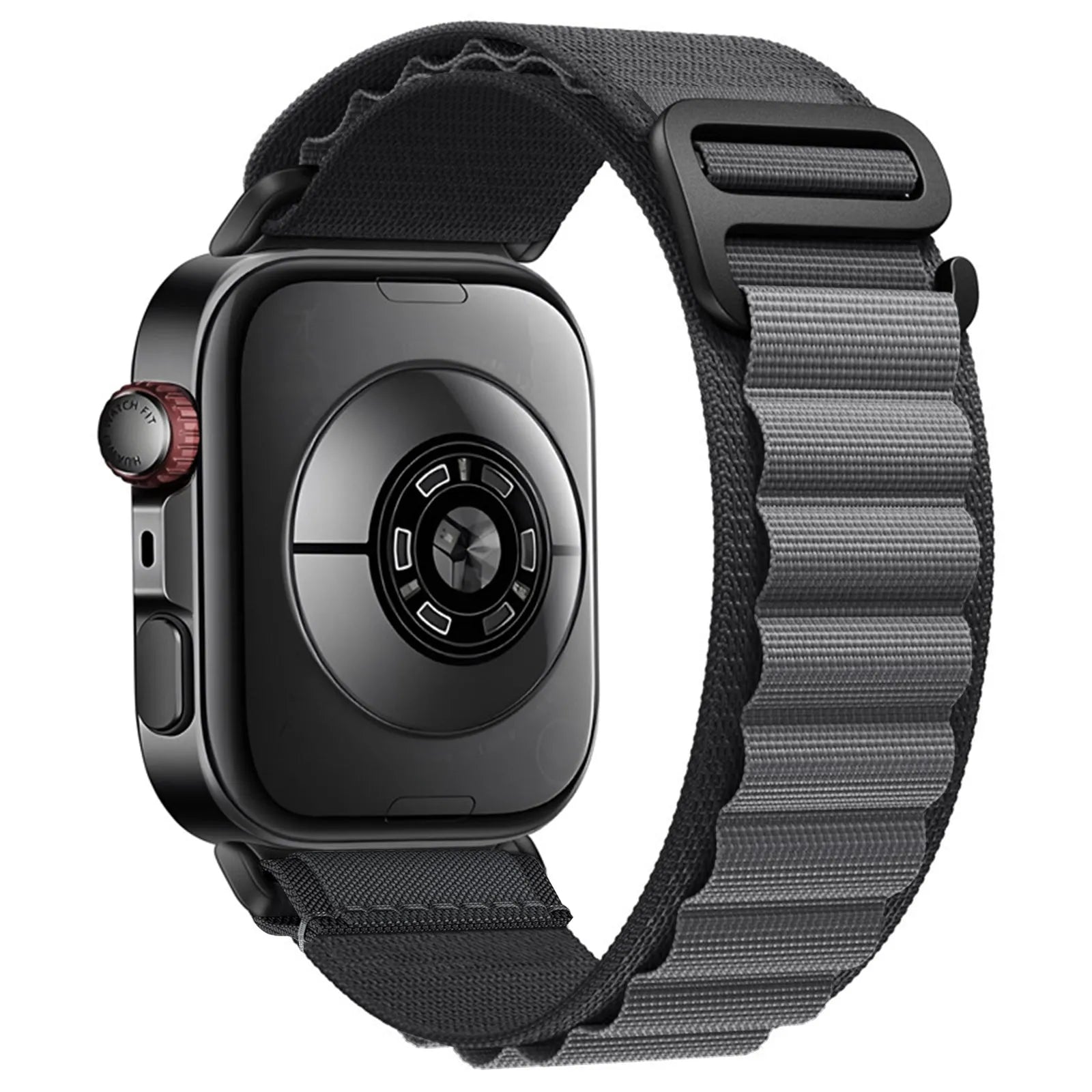 Alpine Nylon Strap, dark grey, on a watch, 3/4 rear view