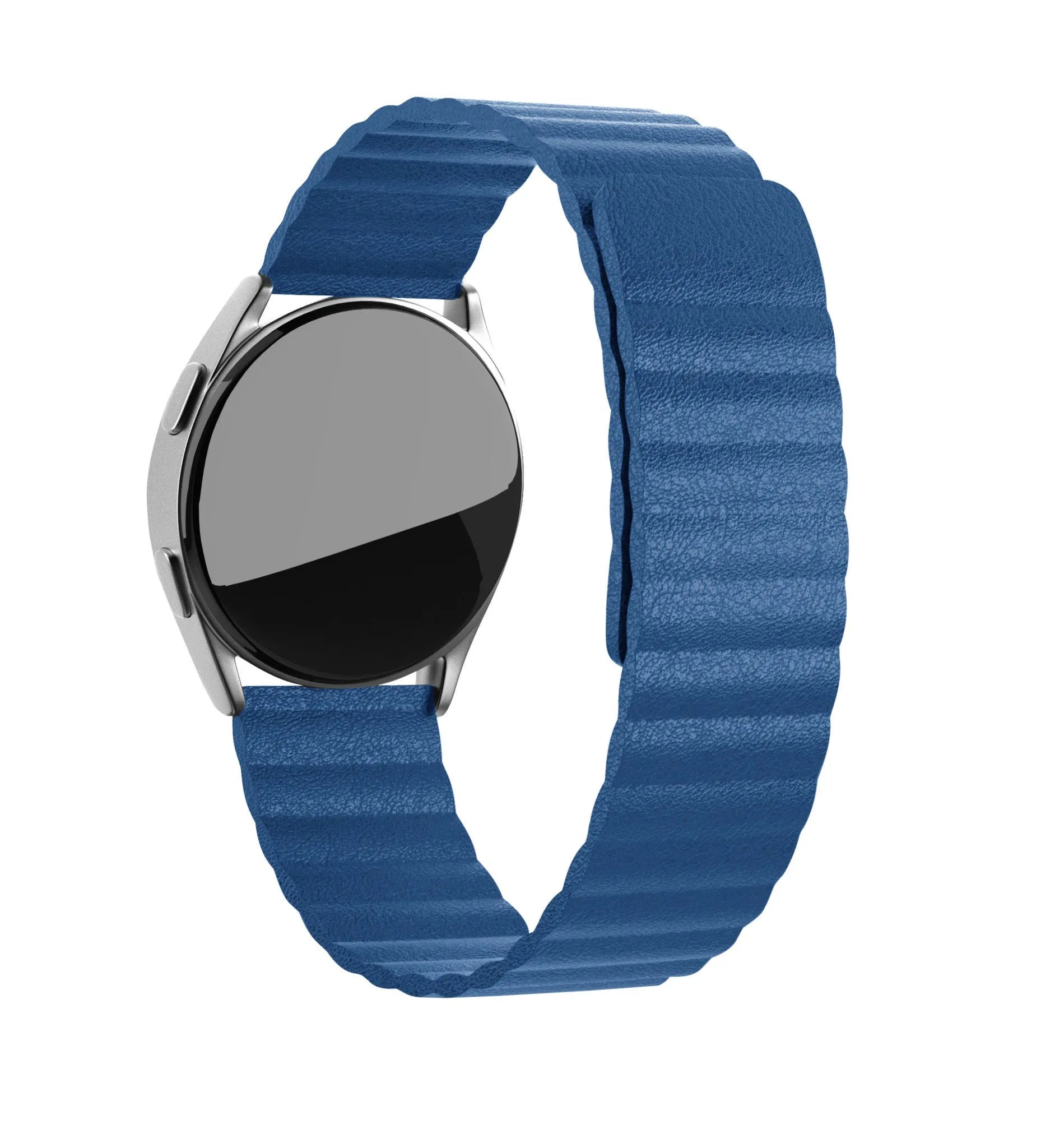 Leather Loop Strap, dark blue, on a watch, 3/4 rear view