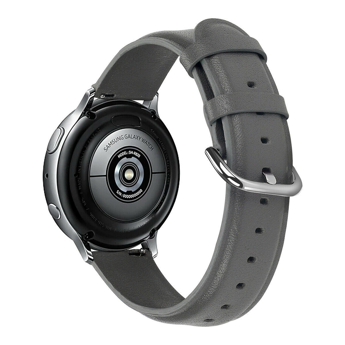 Leather Strap, dark grey, on a watch, 3/4 rear view