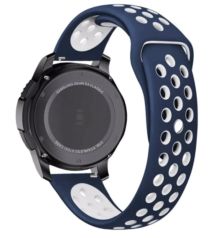 Silicone Sport Strap, blue/white, on a watch, 3/4 rear view