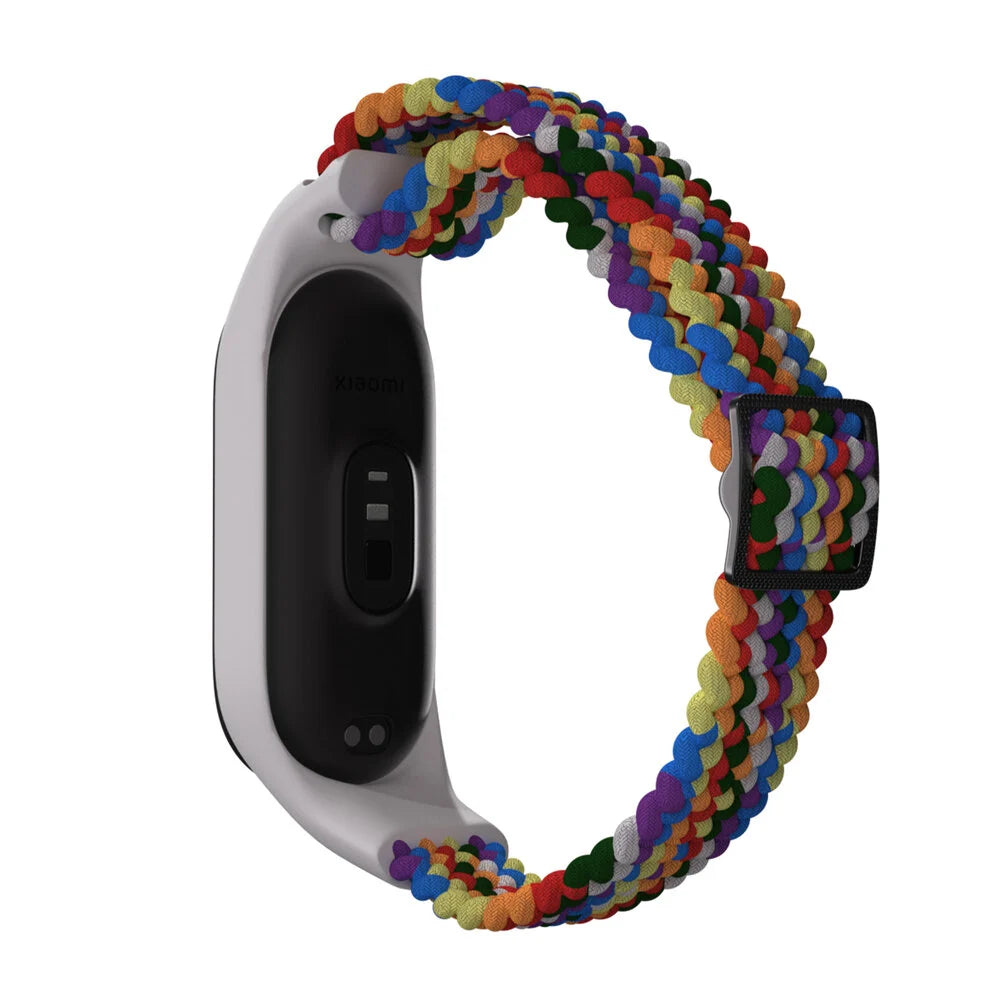 Nylon Mi Braided Strap, rainbow, on a watch, 3/4 rear view