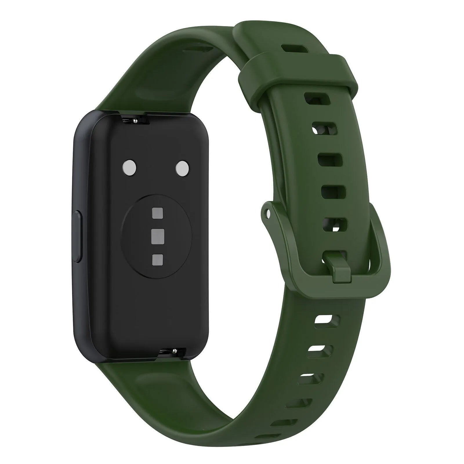 Silicone Strap, army green, on a watch, 3/4 rear view