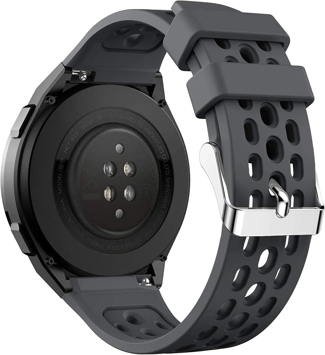 Breathable Silicone Strap, dark grey, on a watch, 3/4 rear view