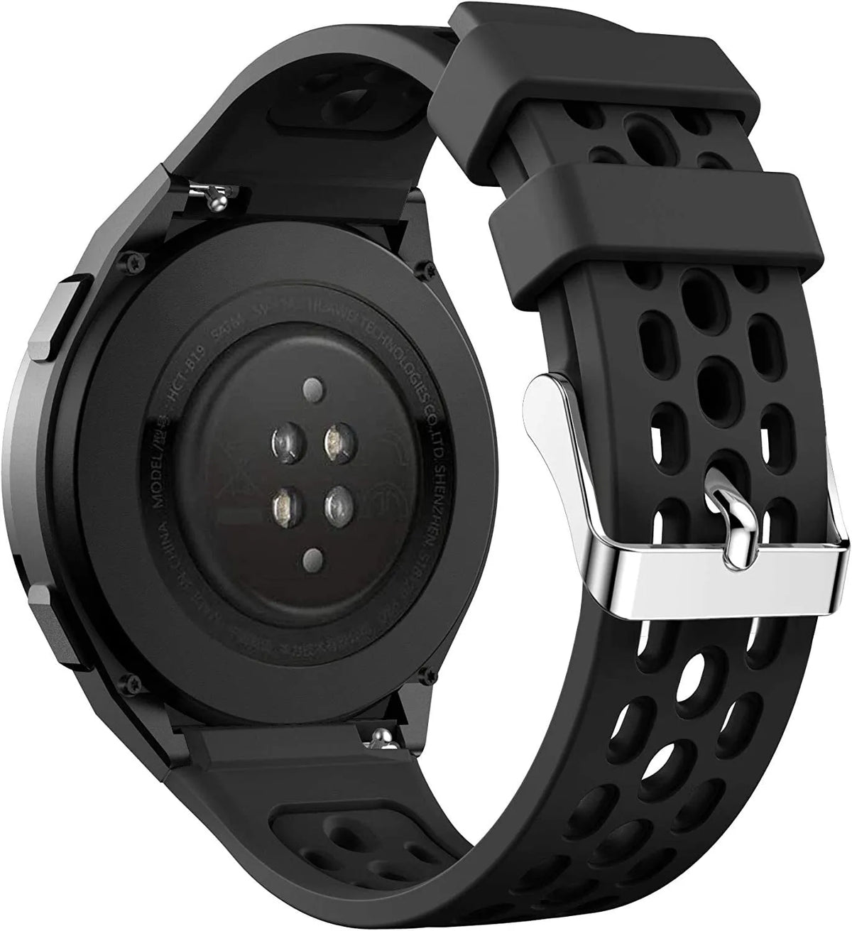 Breathable Silicone Strap, black, on a watch, 3/4 rear view