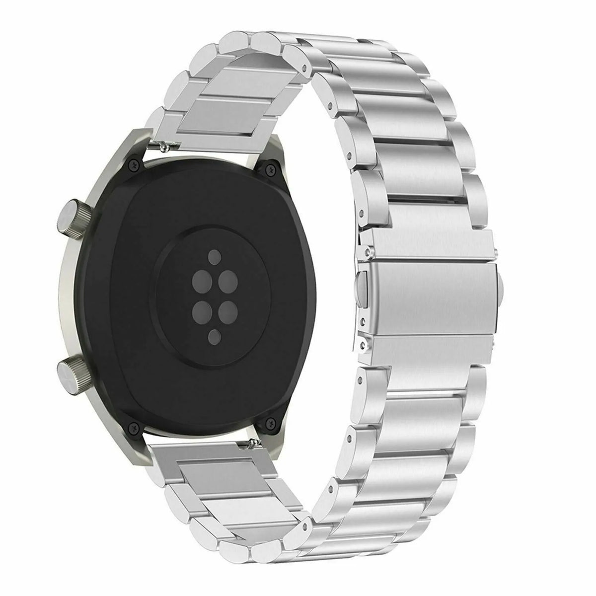 Steel Strap, silver, on a watch, 3/4 rear view
