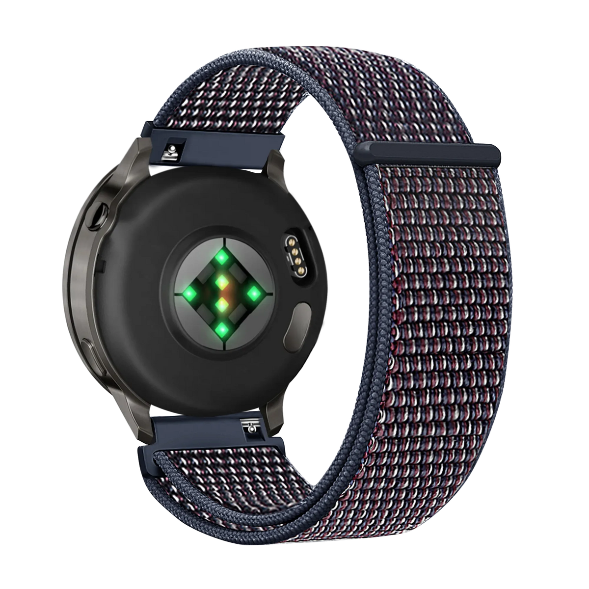 Nylon Loop Strap, indigo, on a watch, 3/4 rear view