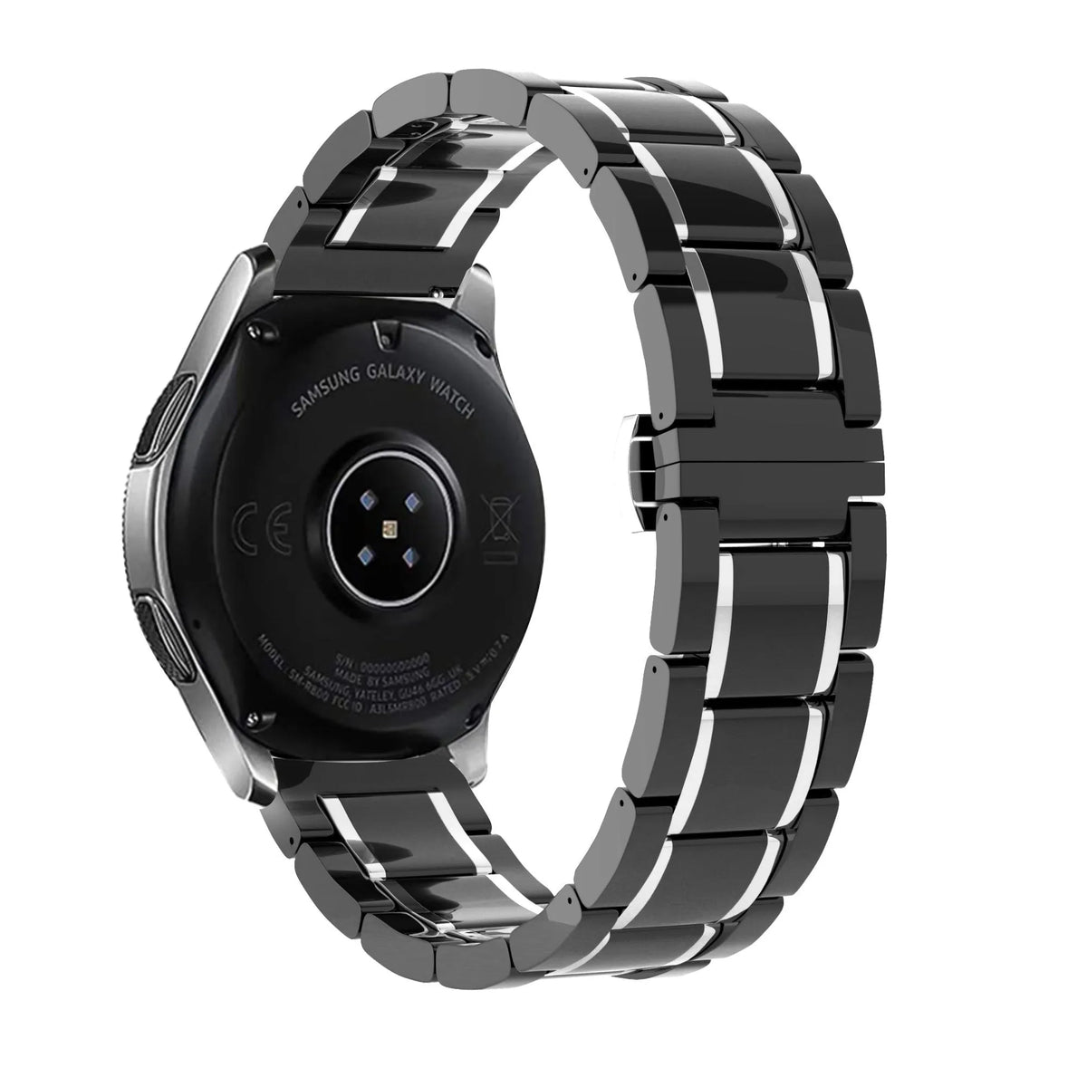 Metal Ceramic Link Strap, black/silver, on a watch, 3/4 rear view
