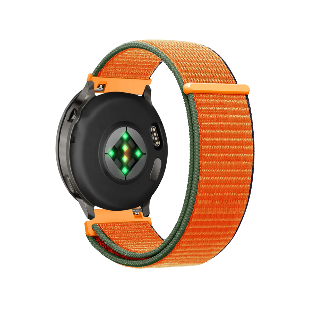 Nylon Loop Strap, kumquat, on a watch, 3/4 rear view