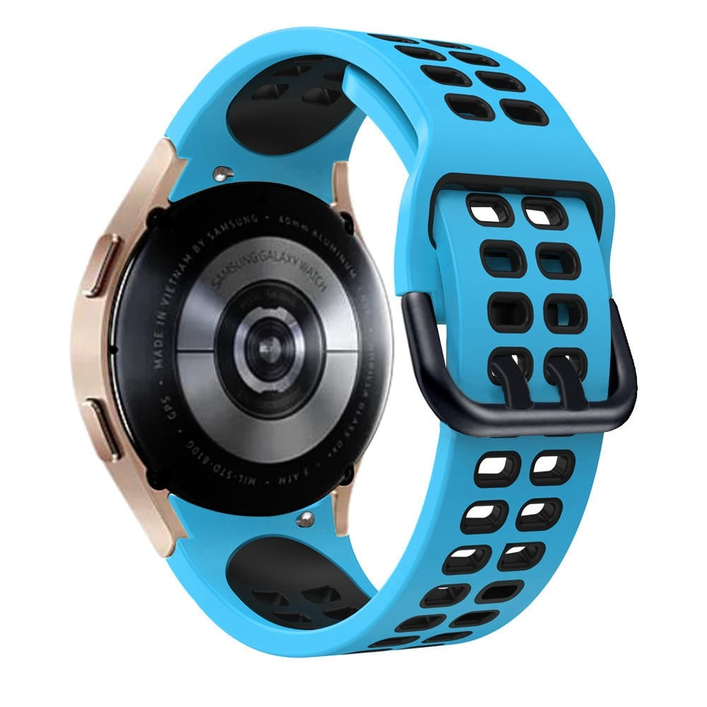 Silicone Squared Sport Strap, light blue/black, on a watch, 3/4 rear view
