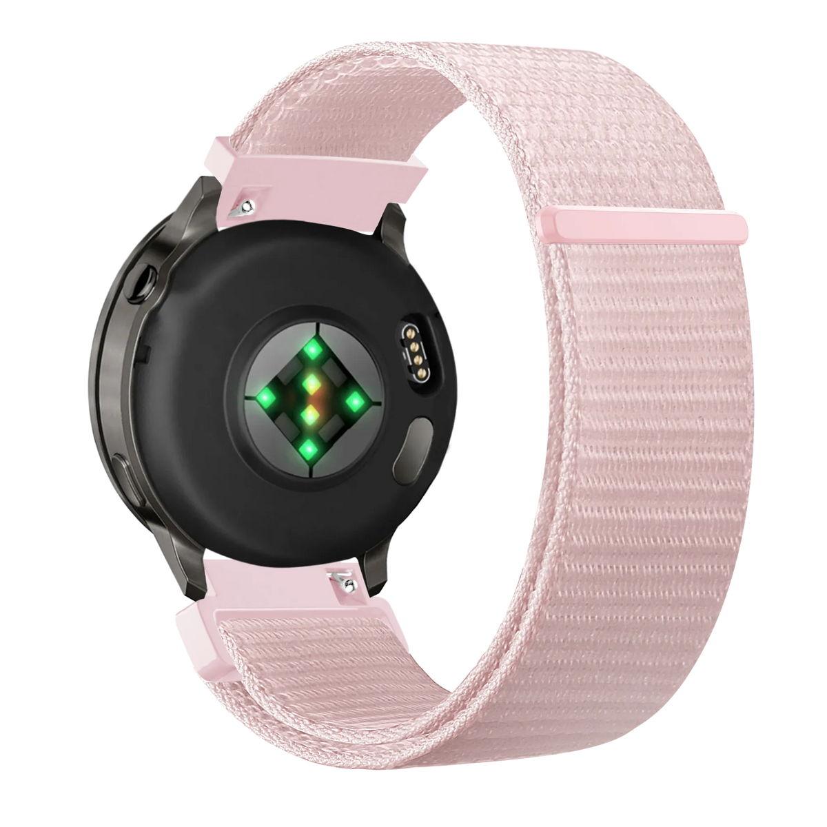 Nylon Loop Strap, light pink, on a watch, 3/4 rear view