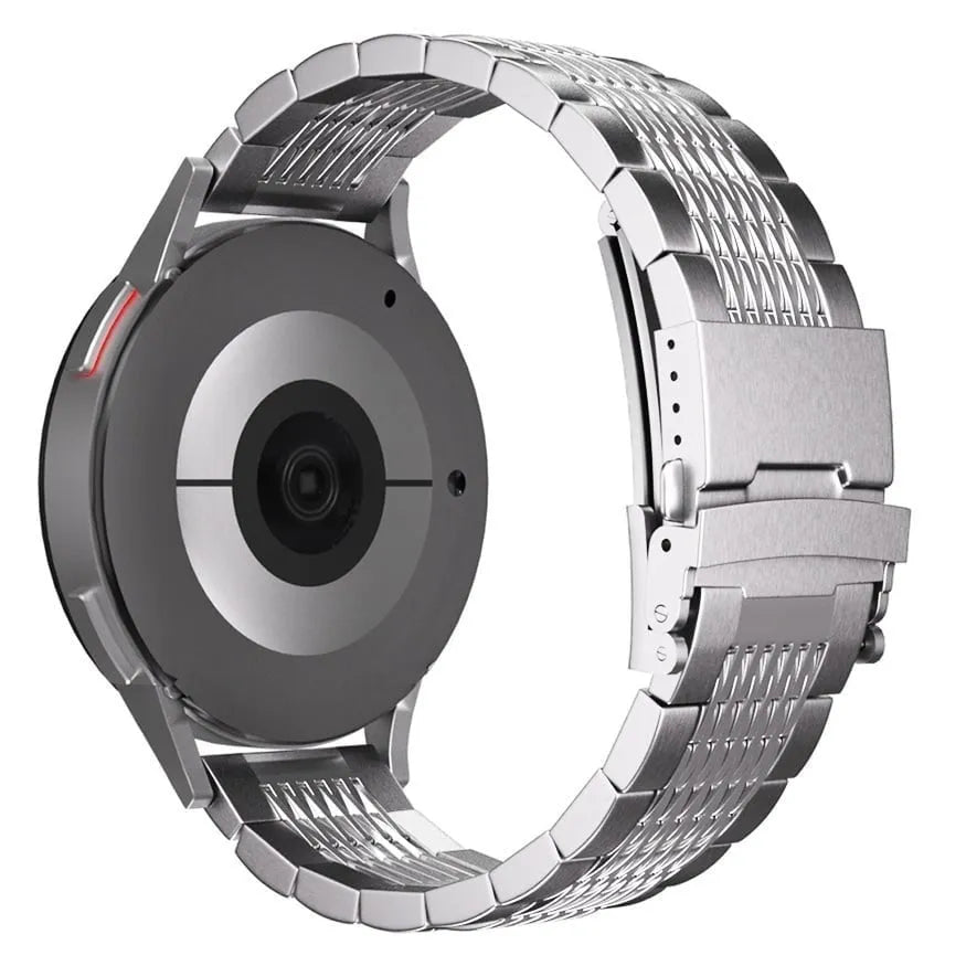 Luxury Steel Link Strap, silver, on a watch, 3/4 rear view