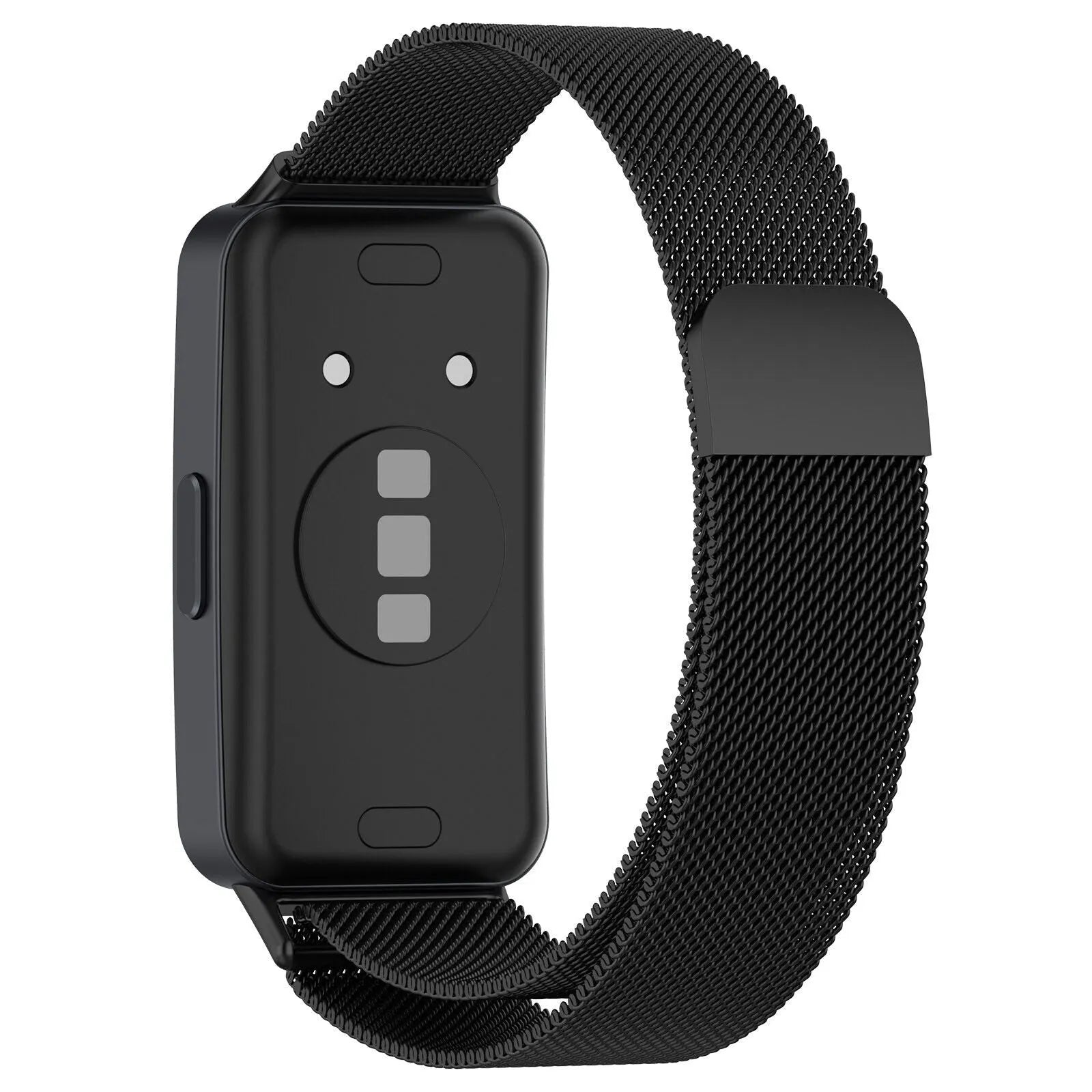 Milanese Strap, black, on a watch, 3/4 rear view