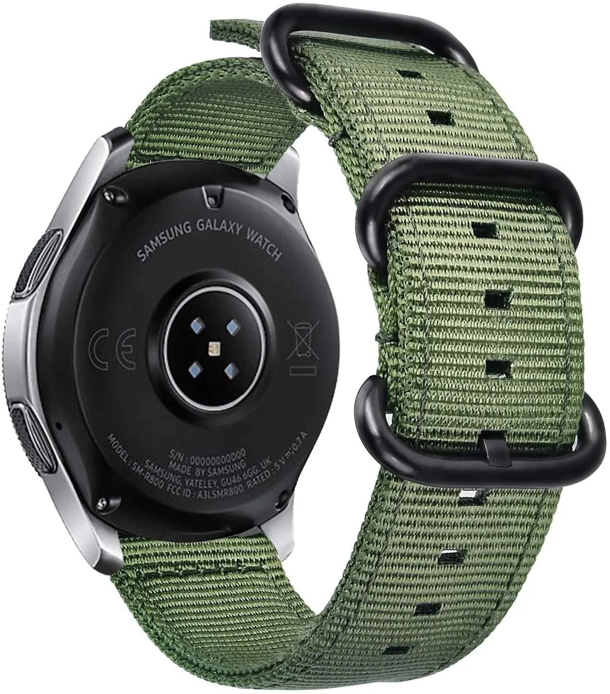 Nylon Buckle Strap, green, on a watch, 3/4 rear view