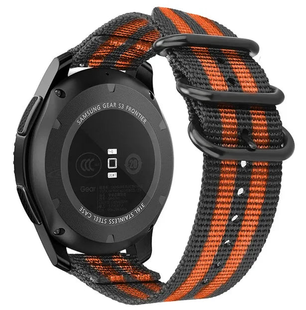 Nylon Buckle Strap, black/orange, on a watch, 3/4 rear view