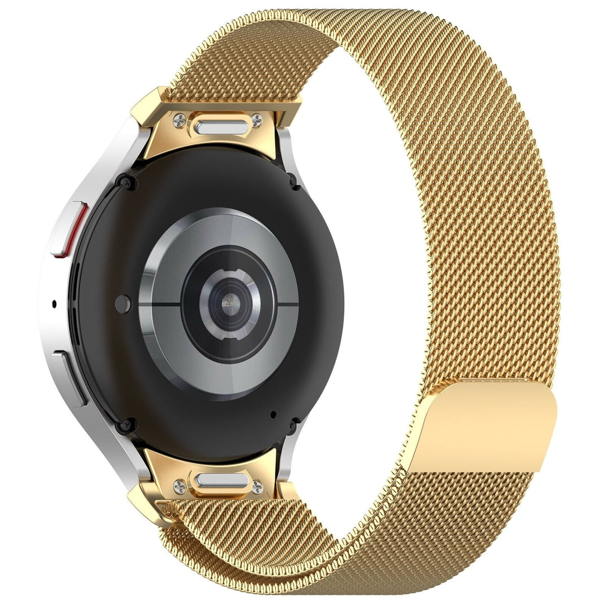 Milanese Strap 'One Push', gold, on a watch, 3/4 rear view