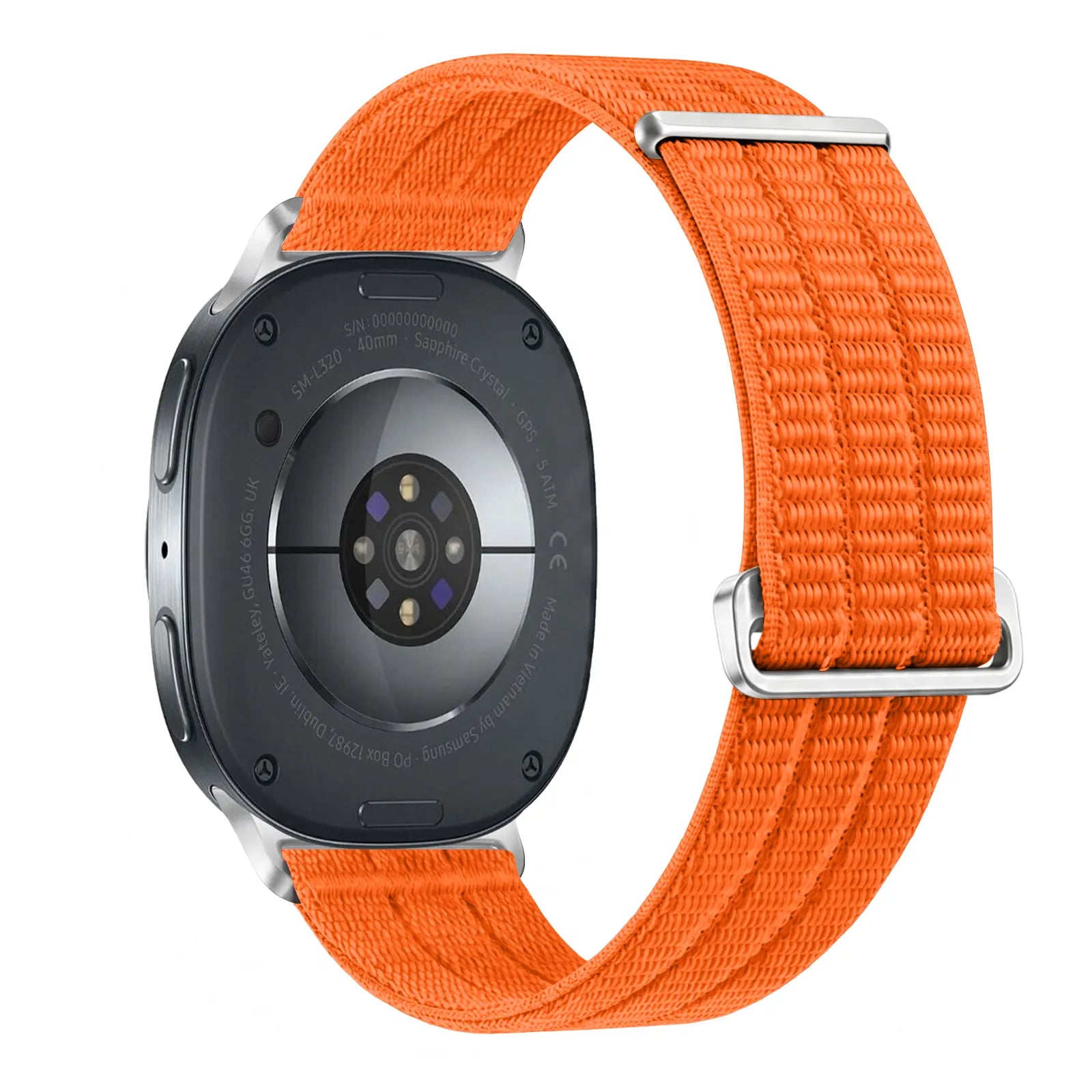 Nylon Air Strap, orange, on a watch, 3/4 rear view