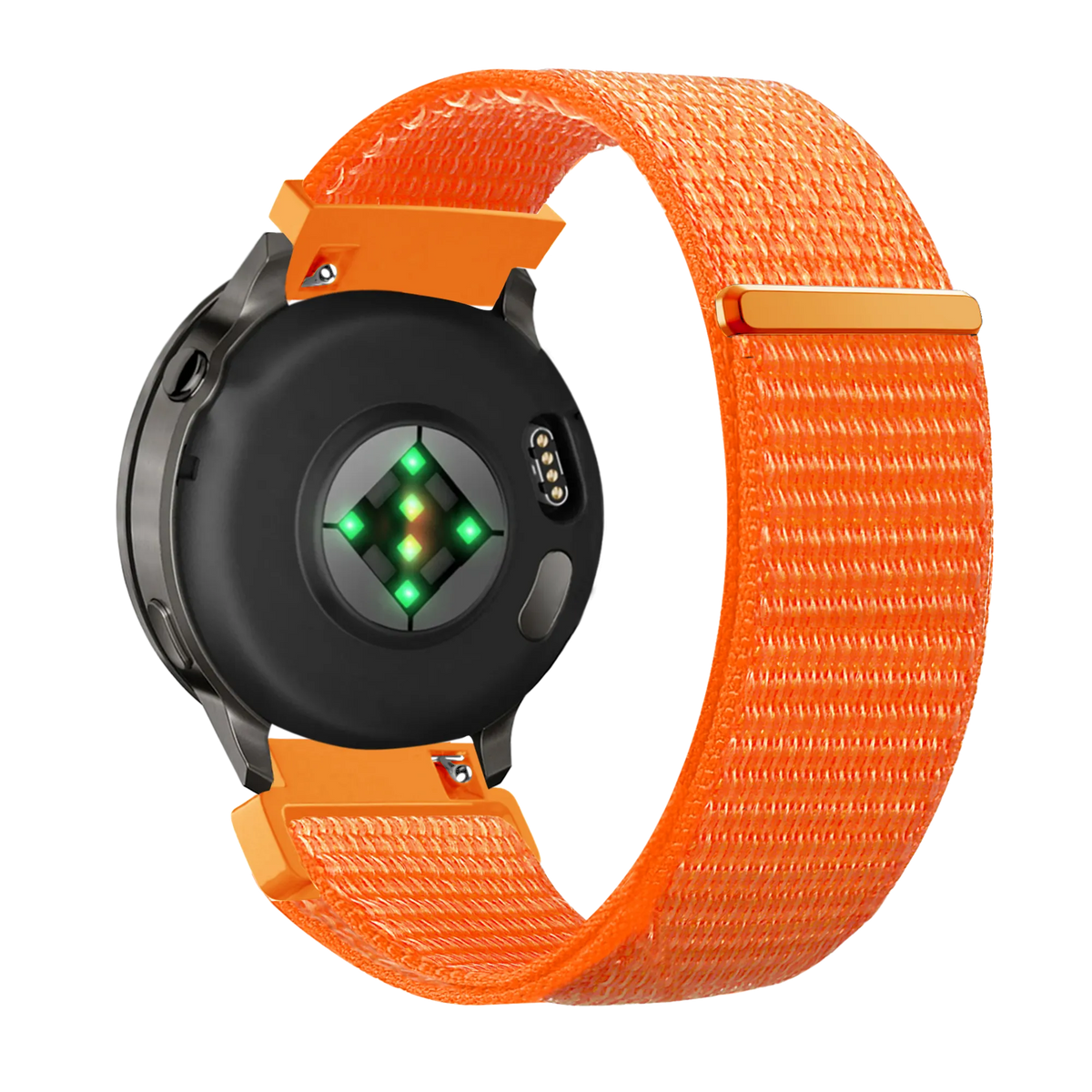 Nylon Loop Strap, orange, on a watch, 3/4 rear view