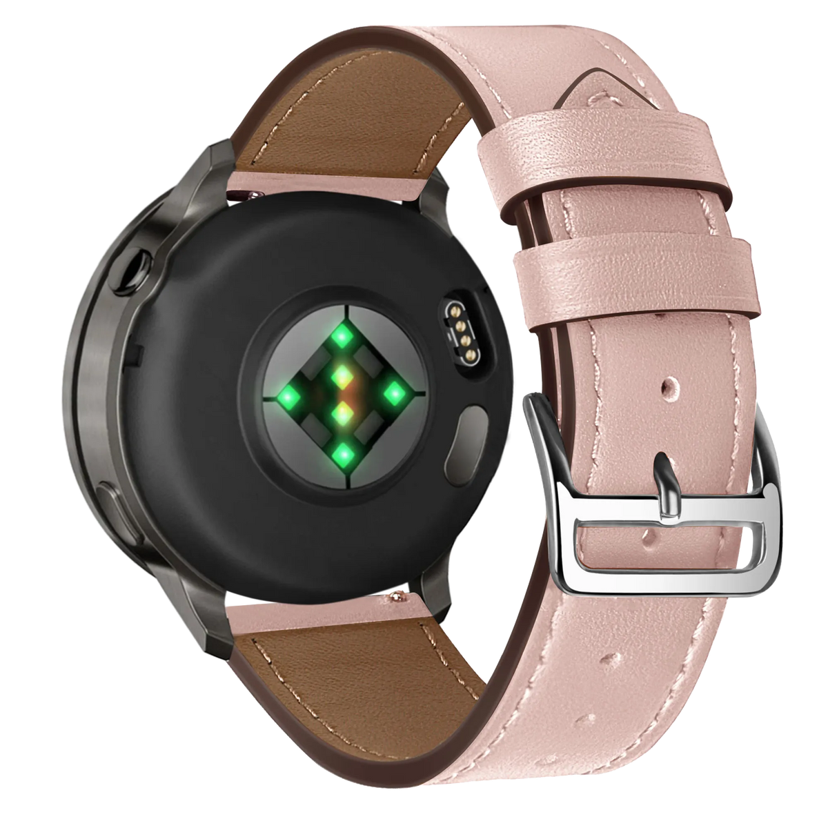 Leather Strap 'Deluxe', pink, on a watch, 3/4 rear view