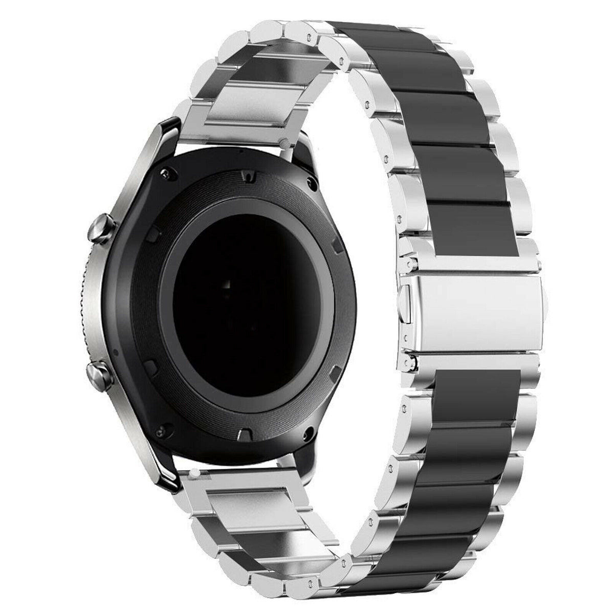 Steel Strap, silver/black, on a watch, 3/4 rear view