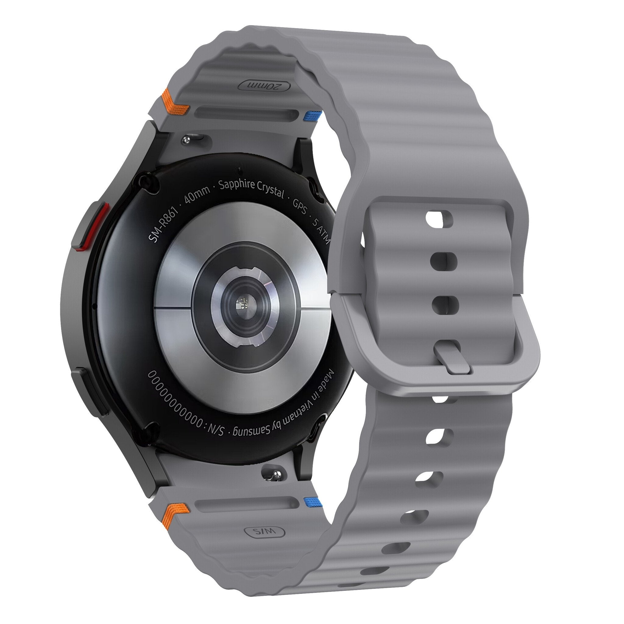 Wave Silicone Strap, dark grey, on a watch, 3/4 rear view