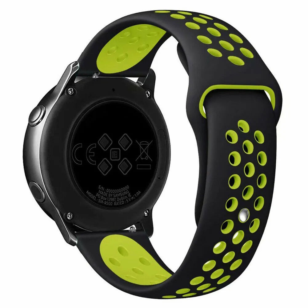 Silicone Sport Strap, black/yellow, on a watch, 3/4 rear view
