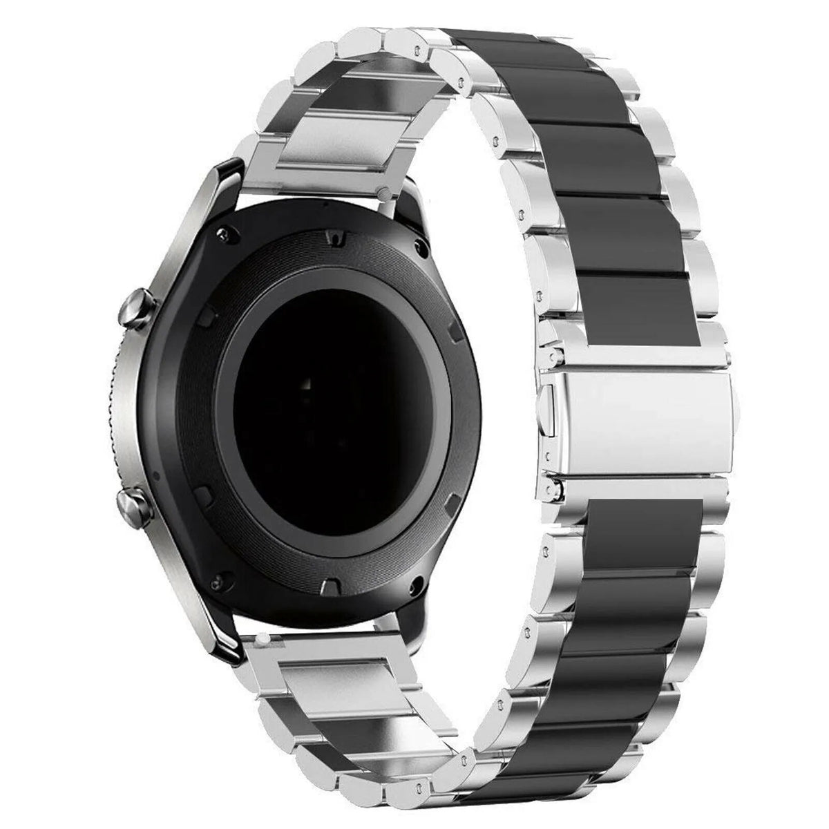 Steel Strap, silver/black, on a watch, 3/4 rear view