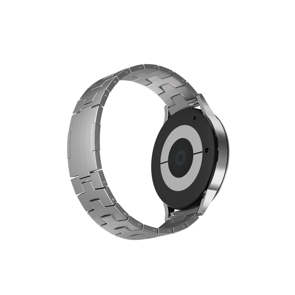 Titanium Grain Strap (Flat Clasp), silver, on a watch, 3/4 rear view