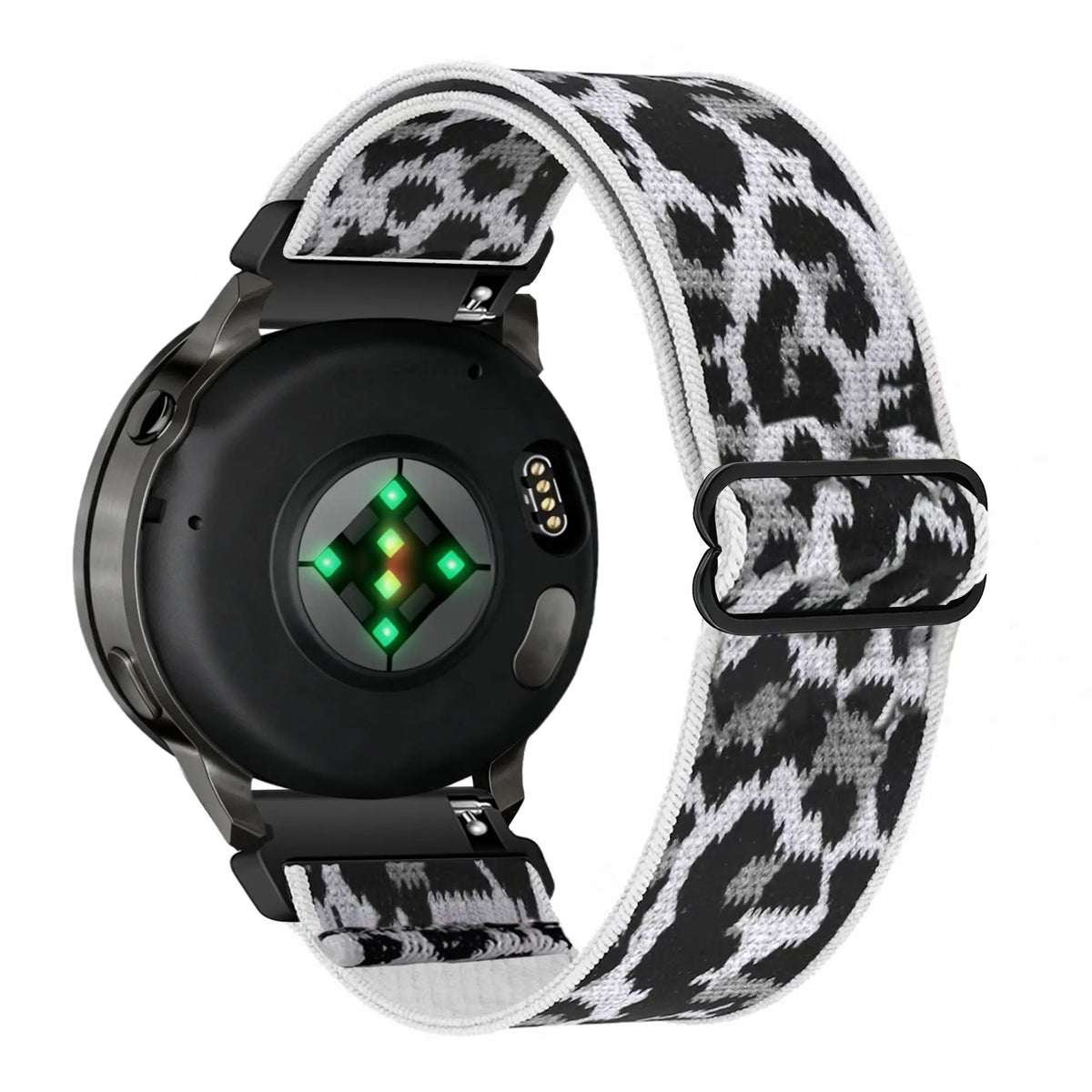 Elastic Nylon Strap, white leopard, on a watch, 3/4 rear view