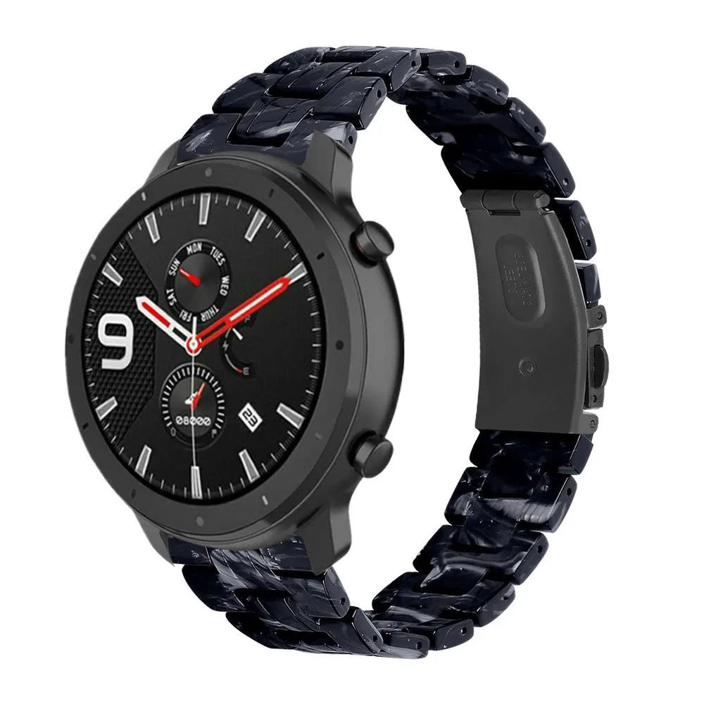 Metal Resin Strap, black/white, on a watch, 3/4 rear view