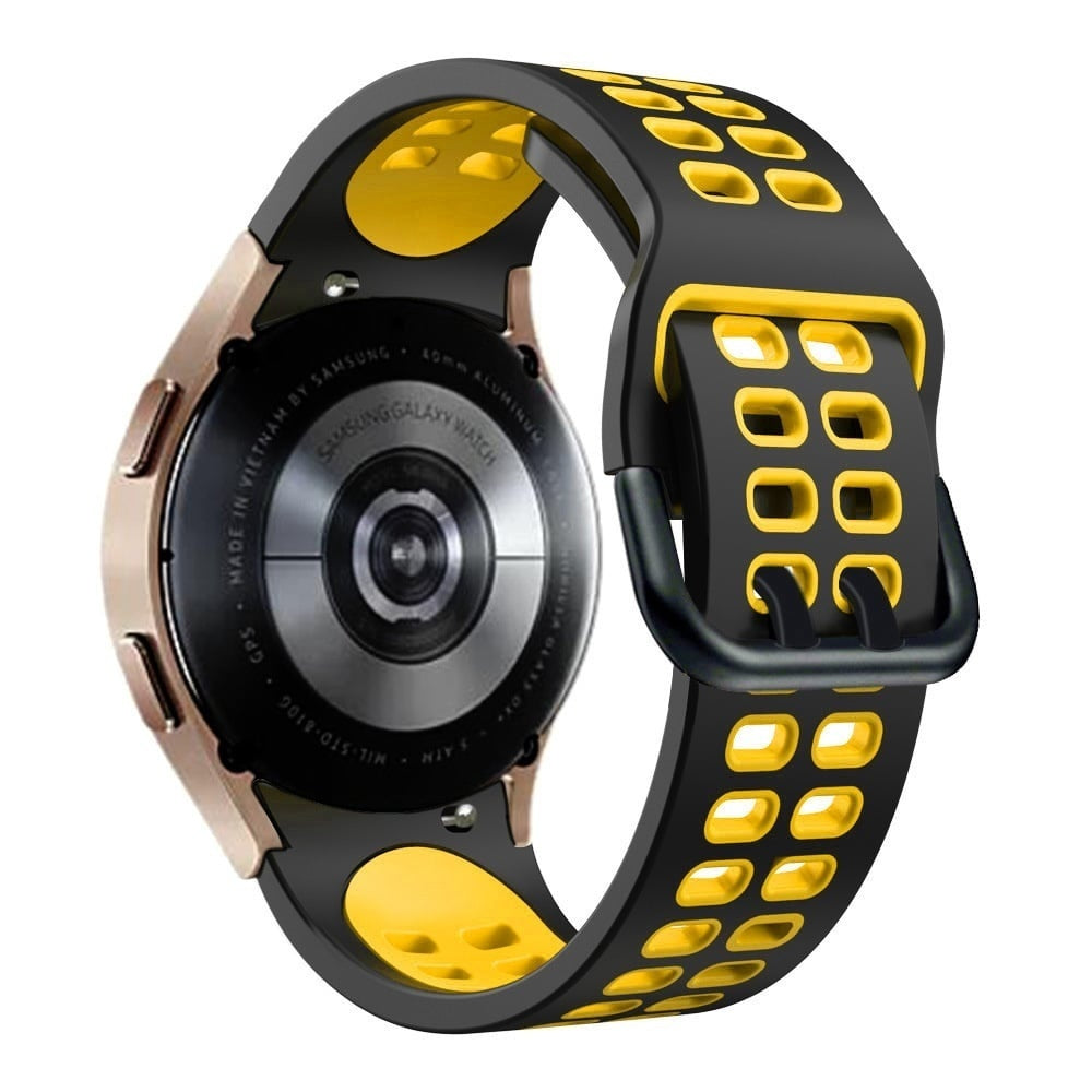 Silicone Squared Sport Strap, black/yellow, on a watch, 3/4 rear view
