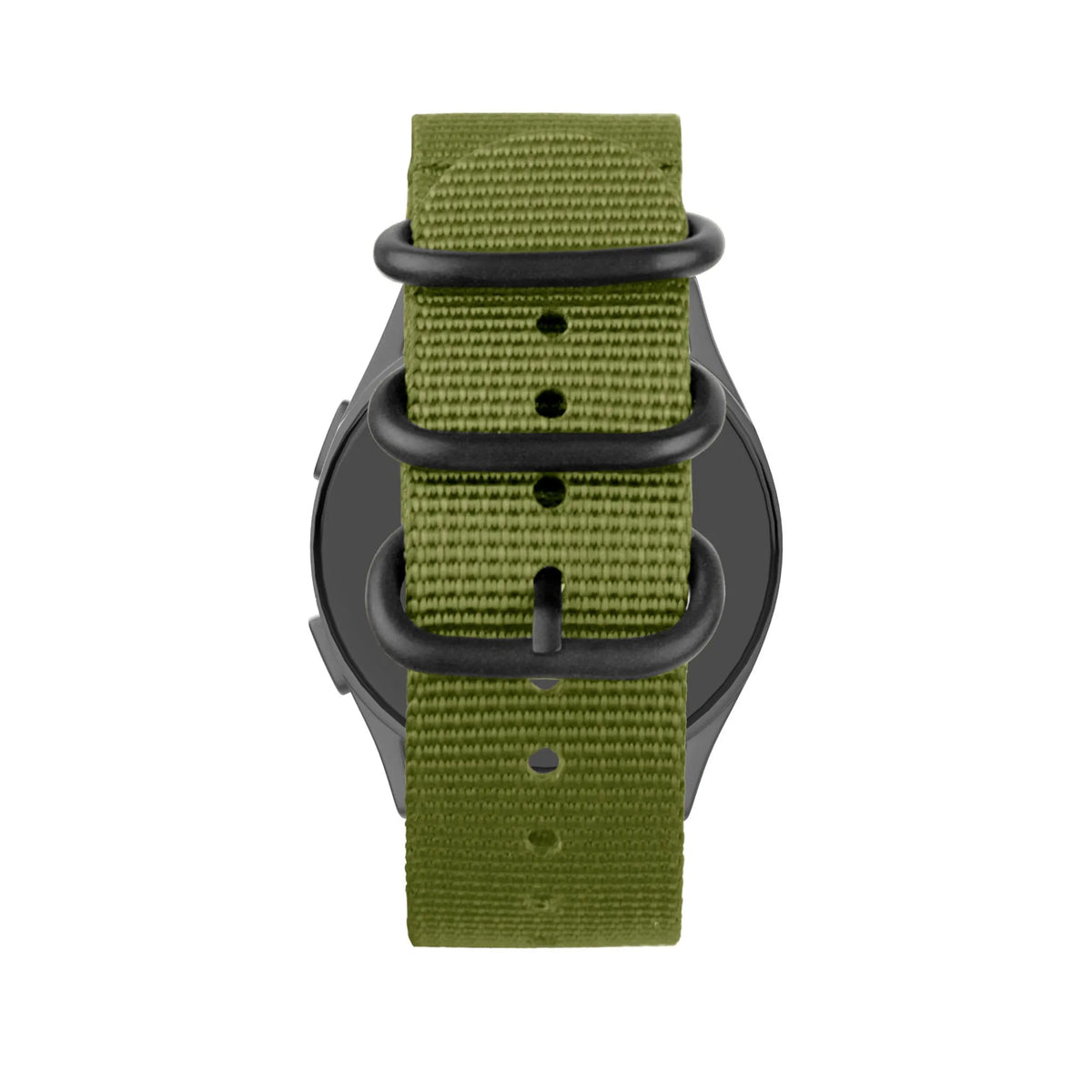 Buckled Nylon Strap, green, on a watch, direct front view