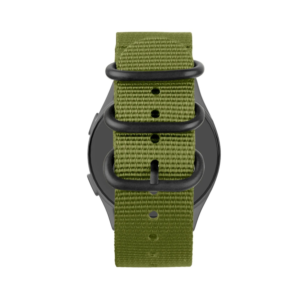 Buckled Nylon Strap, green, on a watch, direct front view