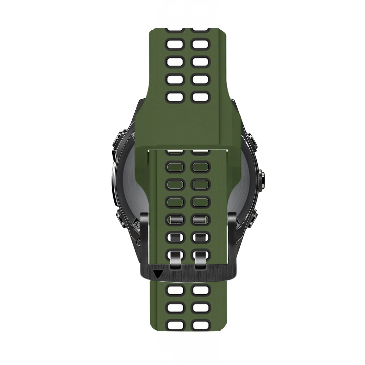 Silicone Dual Buckled Sport Strap, army green/black, on a watch, direct front view