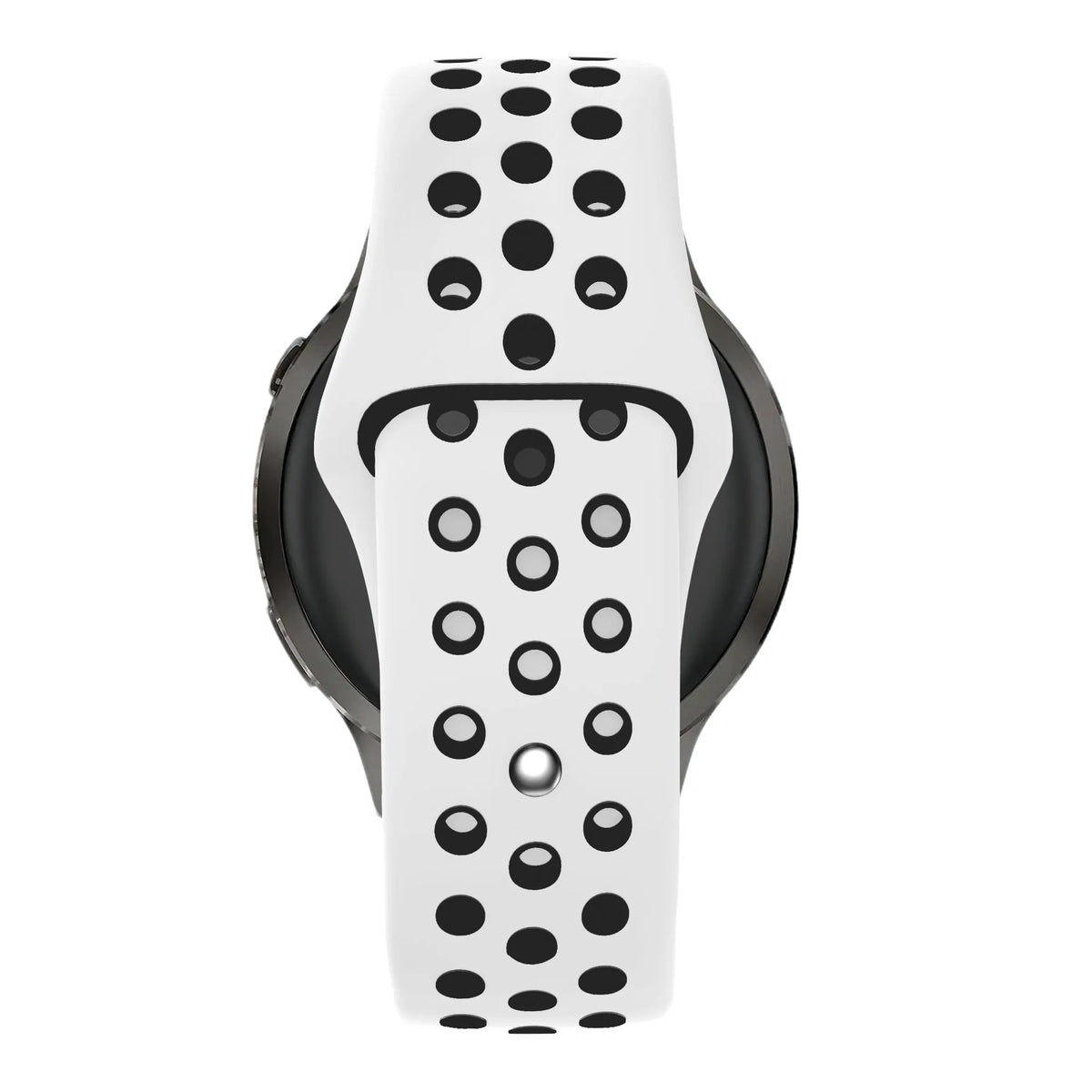Silicone Sport Strap 'Deluxe', white/black, on a watch, direct front view
