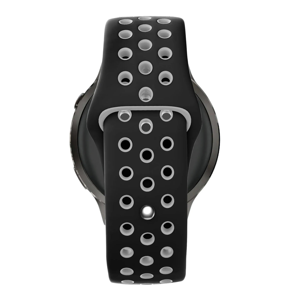 Silicone Sport Strap 'Deluxe', black/grey, on a watch, direct front view