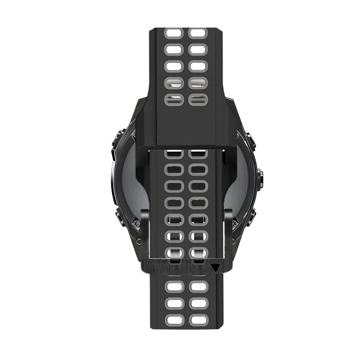 Silicone Dual Buckled Sport Strap, black/grey, on a watch, direct front view