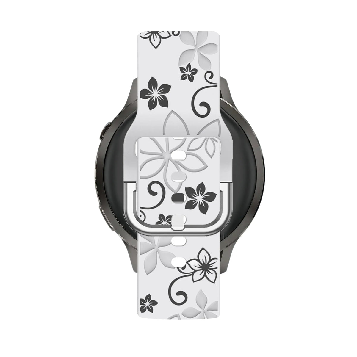 Silicone Strap 'Flowers', white/black, on a watch, direct front view