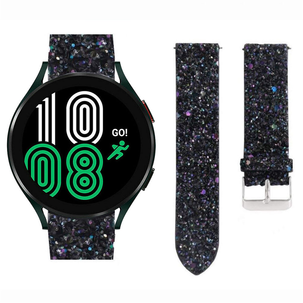 Leather Strap with Glitters, black, on a watch, direct front view