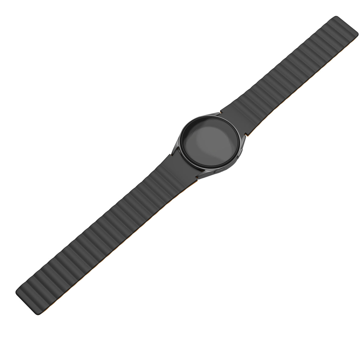 Magnetic Silicone Strap, black/orange, on a watch, direct front view