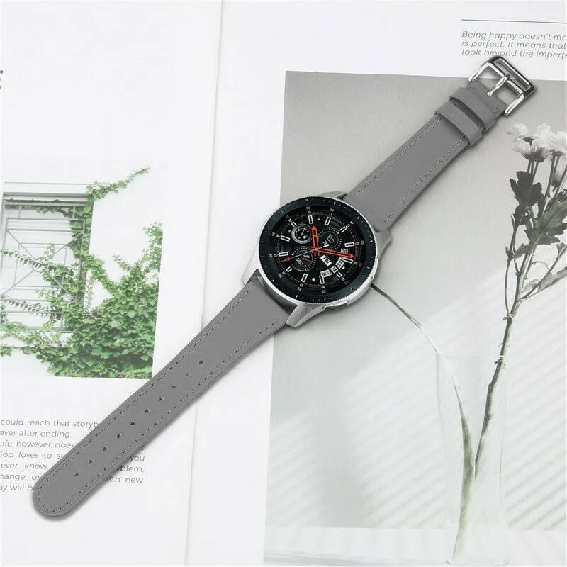 Modern Leather Strap, grey, on a watch, direct front view