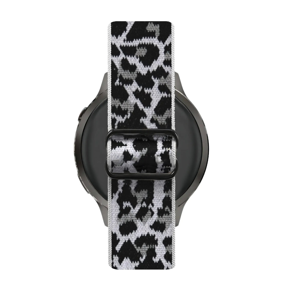 Elastic Nylon Strap, white leopard, on a watch, direct front view