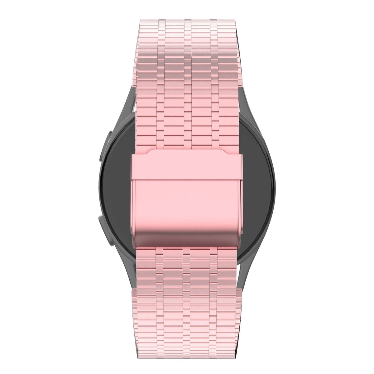 Adjustable Steel Strap, pink, on a watch, direct rear view