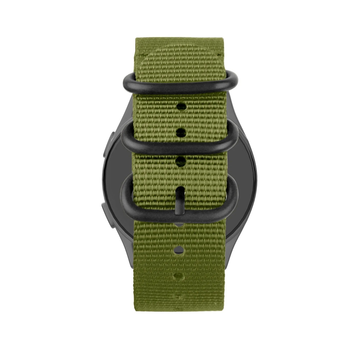 Buckled Nylon Strap, green, on a watch, direct rear view